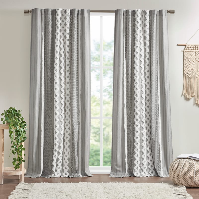 INK+IVY Imani Cotton Printed Single Curtain Panel with Chenille Stripe and Lining - 50x84" - Gray