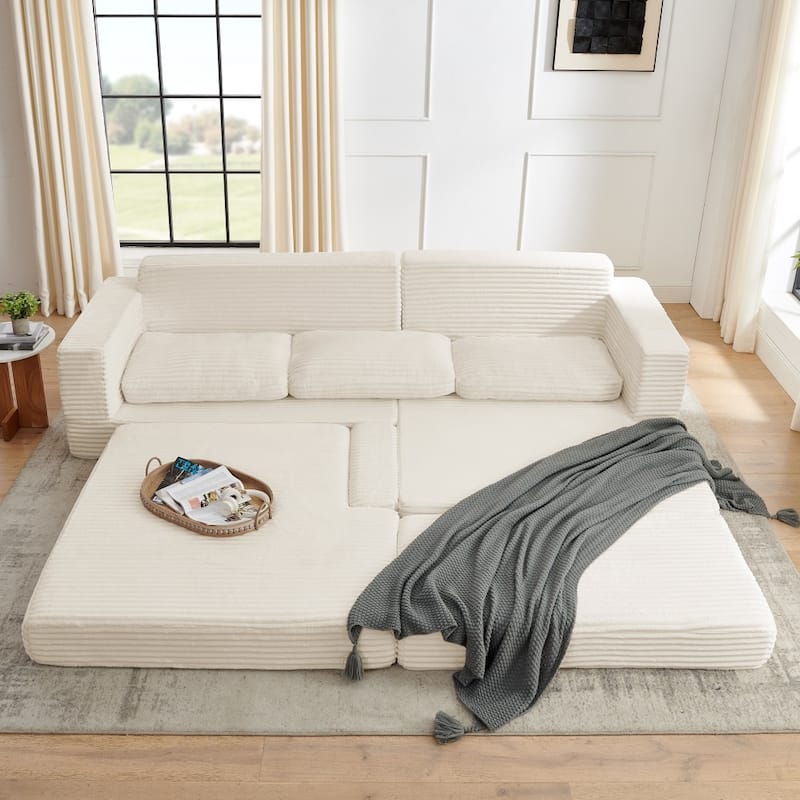 112.6" Modern L-shaped Modular Sectional Sofa in Corduroy, Unfold into Bed for Rest