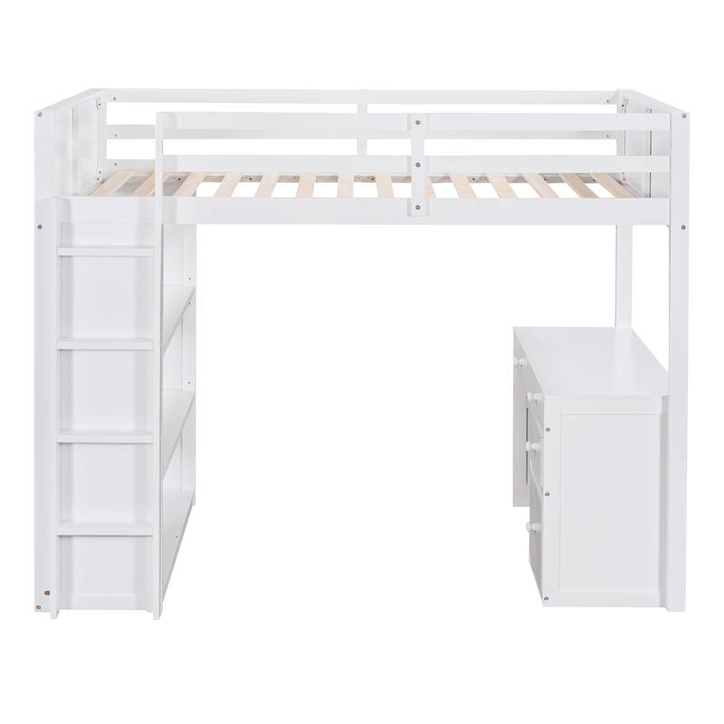 Twin Size Loft Bed with Ladder, Shelves, Solid Wood Loft Bed Frame with 4-Drawers Desk, Box Spring No Required