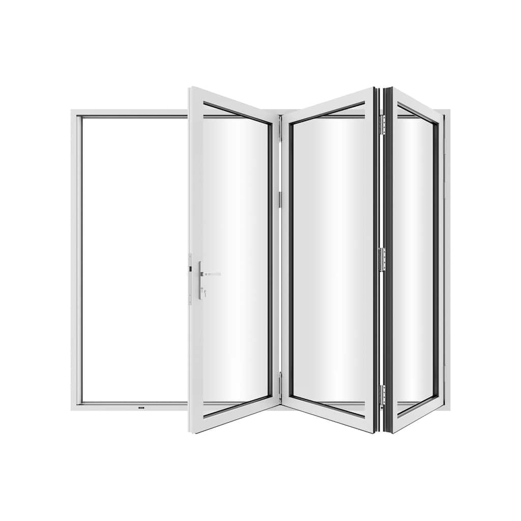 KaMic 108" X 80" 3 Panels Aluminum Folding Door In White, Folded Out From Left To Right Model #:FD3PWH10880-LR