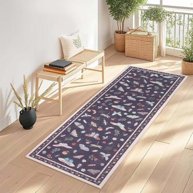 Floral Insect Print Washable Area Rugs for Living Room, Modern Non Slip Low Pile Area Rug