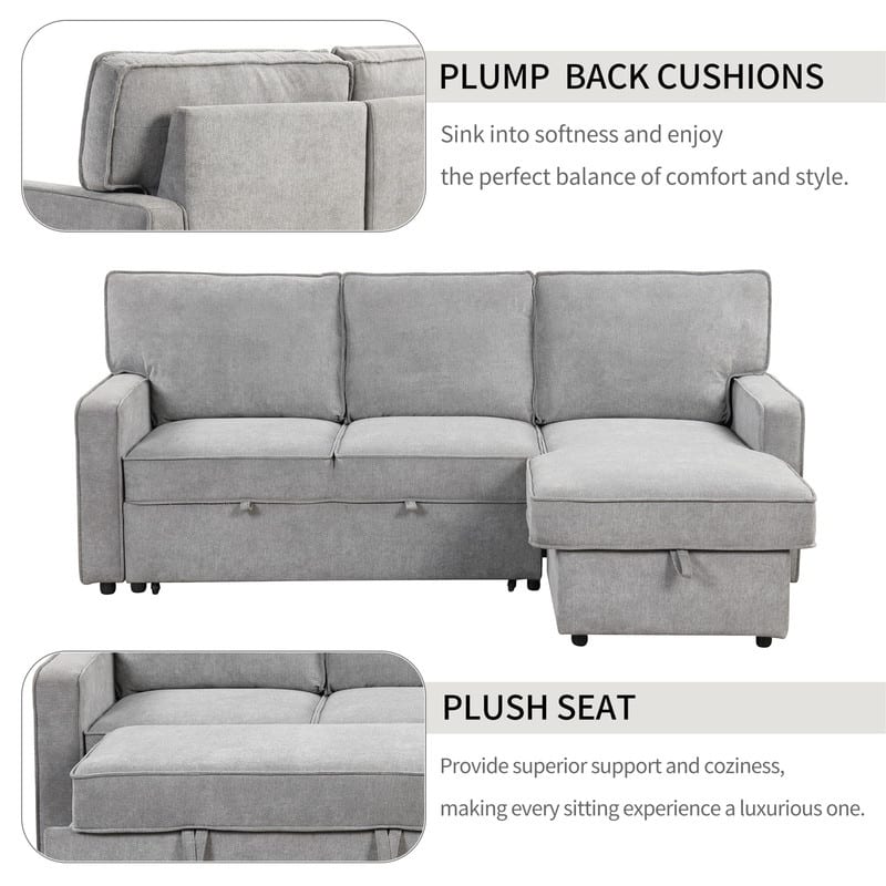 Upholstery Sleeper Sectional Sofa with Storage and 2 Cup Holder, Modern Corner Sectional with Pull-Out Sleeper and USB port