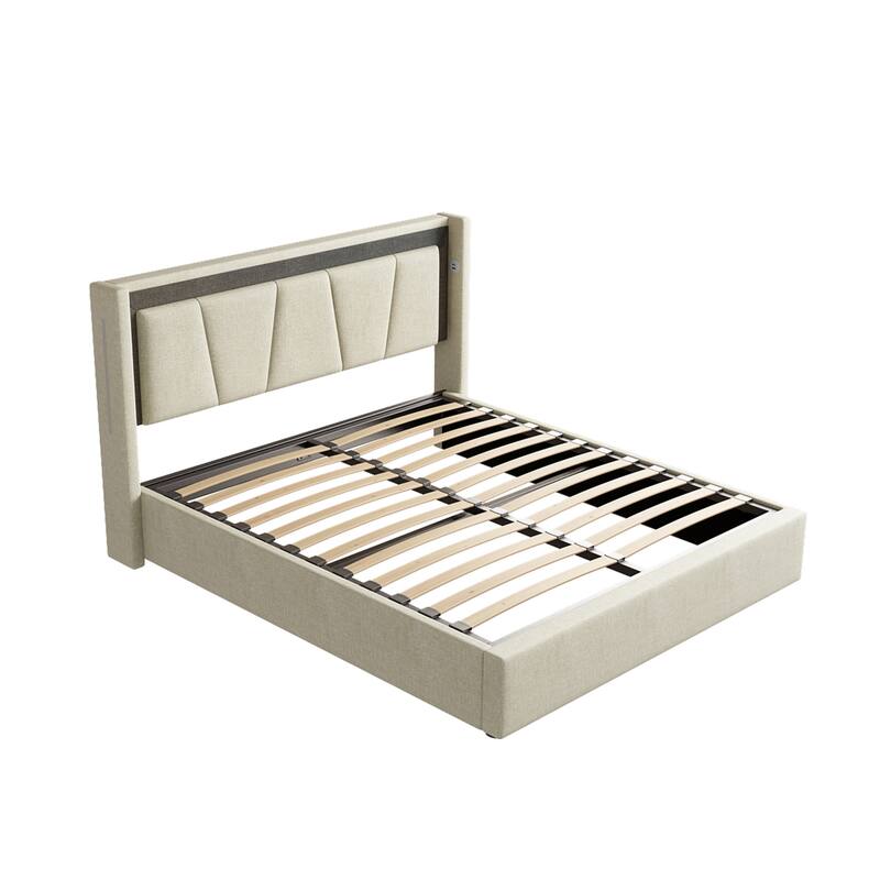 Modern Style Queen Size Cotton and Linen Fabric Storage Bed for Bedroom