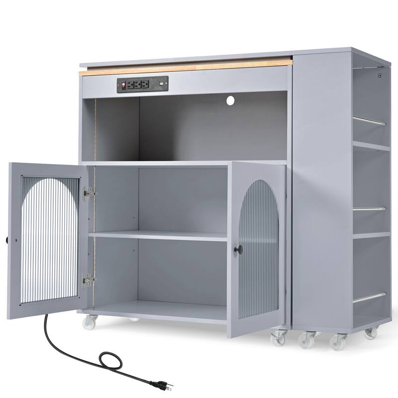 Anmytek Black Expandable Kitchen Island Cart with Marble Top - Rolling Kitchen Storage with Extendable Table and Spice Rack