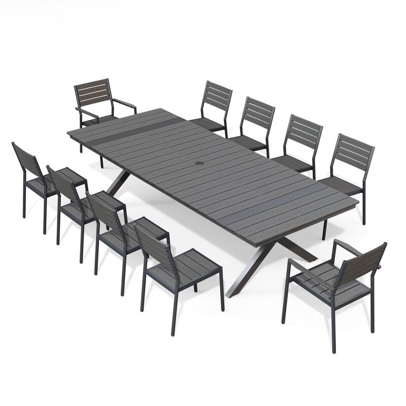 9/11PC Aluminum X Frame Outdoor Patio Dining Set Umbrella Hole Table with Stackable Chairs - N/A