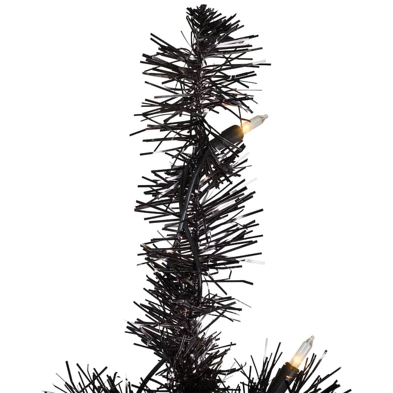 Pre-Lit Artificial Tinsel Halloween Tree - 9' - Black - Clear Lights - 9 Foot