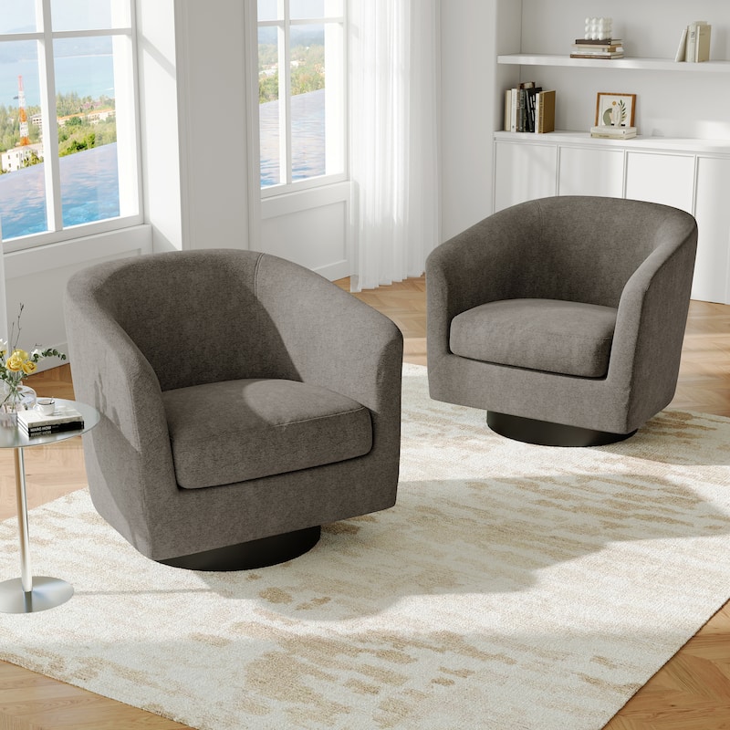 Modern Upholstered Swivel Barrel Club Arm Accent Chair for Living Room - 2 Set - Tan-Chenille