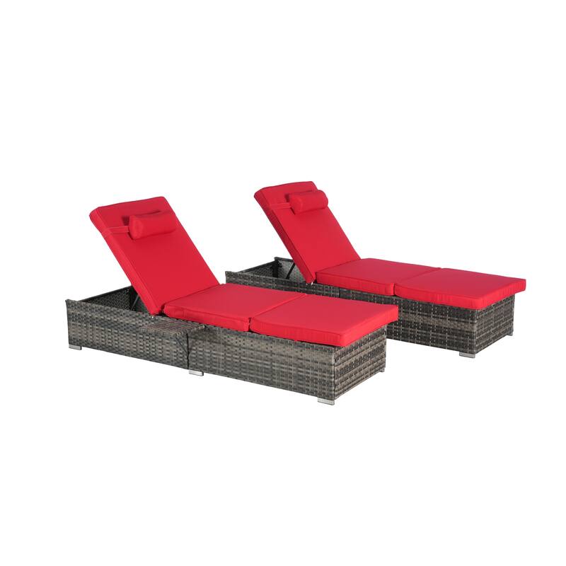 Outdoor Chaise Lounge Chair Set of 2 with Storage Patio Pool Chairs Tanning Lounges for Outside, Beach Rattan Recliners