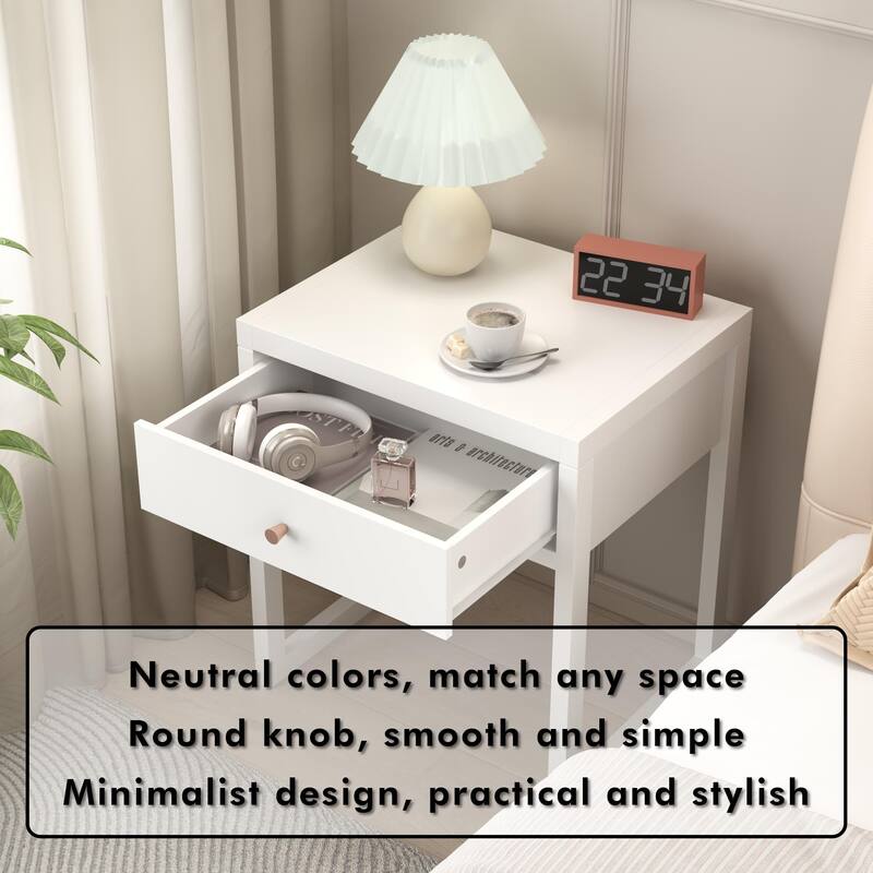 Sleek White Nightstand‌ – Minimalist Bedside Table with Wooden Pull Drawer, Space-Saving End Table for Bedrooms & Apartments.