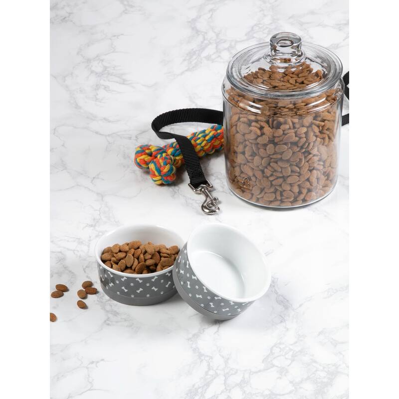 DII Pet Bowl Black Paw Print Gray Small 4.25dx2h (Set of 2)