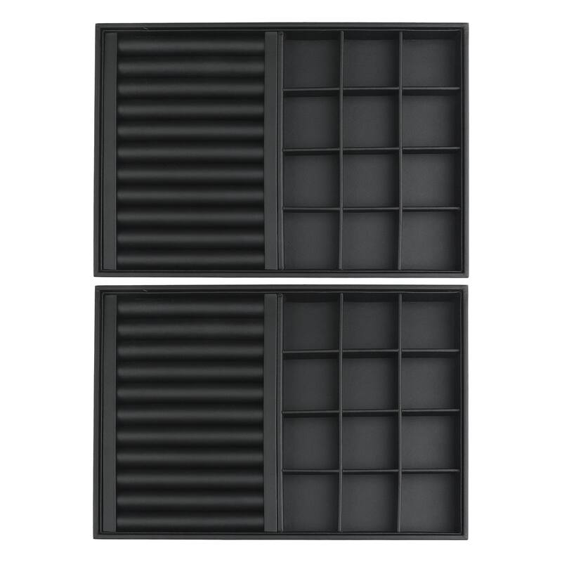 Set of 2 Stackable Jewelry Organizer Trays with Removable Dividers for Drawers, PU Leather Jewelry Organizer Drawer - Black - Ring/12 Grid Tray