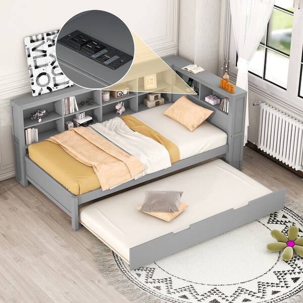 slide 2 of 13, Grey Twin Size DayBed w/ Twin Trundle Bunk Bed Frame & Storage Shelf & USB Grey