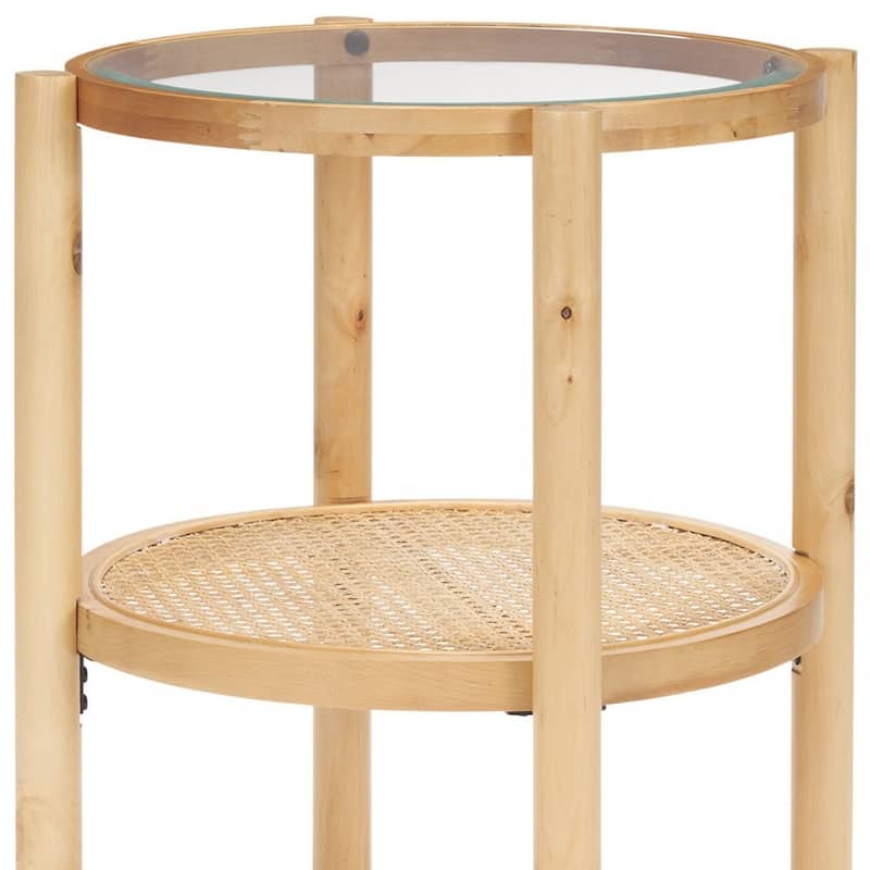 HomeRoots 24" Clear and Light Brown Glass and Solid Wood Round End Table With Shelf - 21.5' X '24' X '21.5