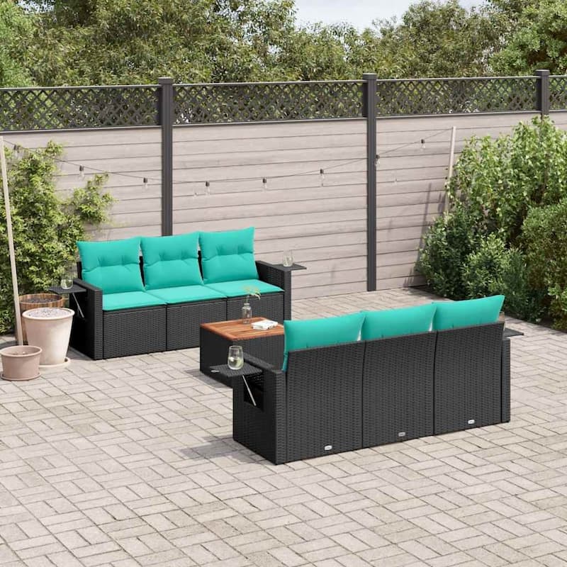 vidaXL 7 Piece Patio Sofa Set with Cushions Black Poly Rattan - 21.7" x 24.4" x 27.2" - Black and blue