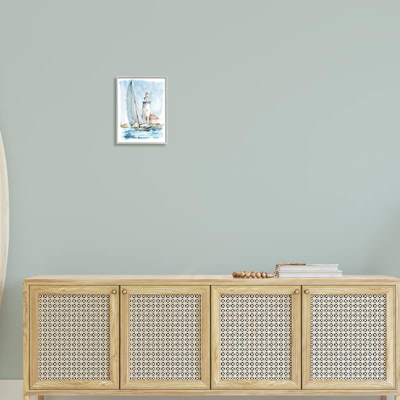 Stupell Lighthouse Tower Beacon Sea Sail Boat Nautical Outdoors Framed Wall Art, Design by Ethan Harper - Blue
