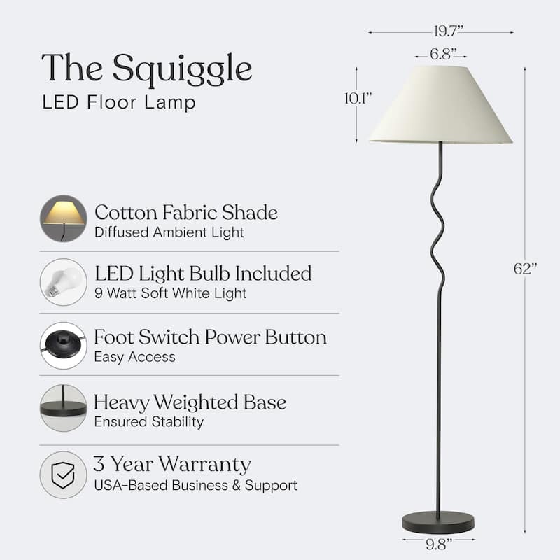 Brightech Squiggle Floor 62.13 in. Classic Black Contemporary Ambient Standing Column Floor Lamp with Ivory Fabric Empire Shade
