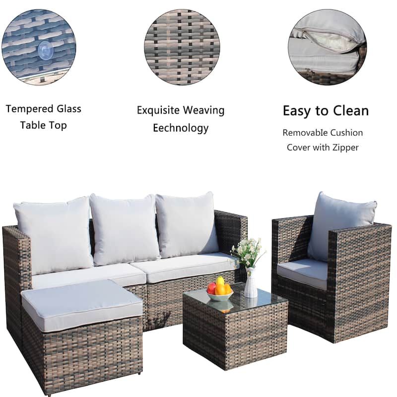 4-Piece Outdoor Patio Furniture Set, PE Rattan Sectional with 3-Seat Sofa, Armchair, Ottoman, and Tempered Glass Coffee Table