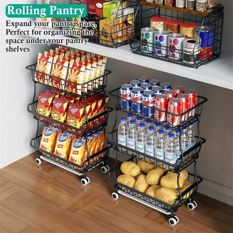 5Tier Kitchen Organizers and Storage Cart on Wheels - 12"D x 16.14"W x 23.23"H - Black 3 layer baskets