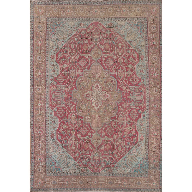 Pink Distressed Tabriz Persian Vintage Area Rug Handmade Wool Carpet - 9'9" x 12'11"