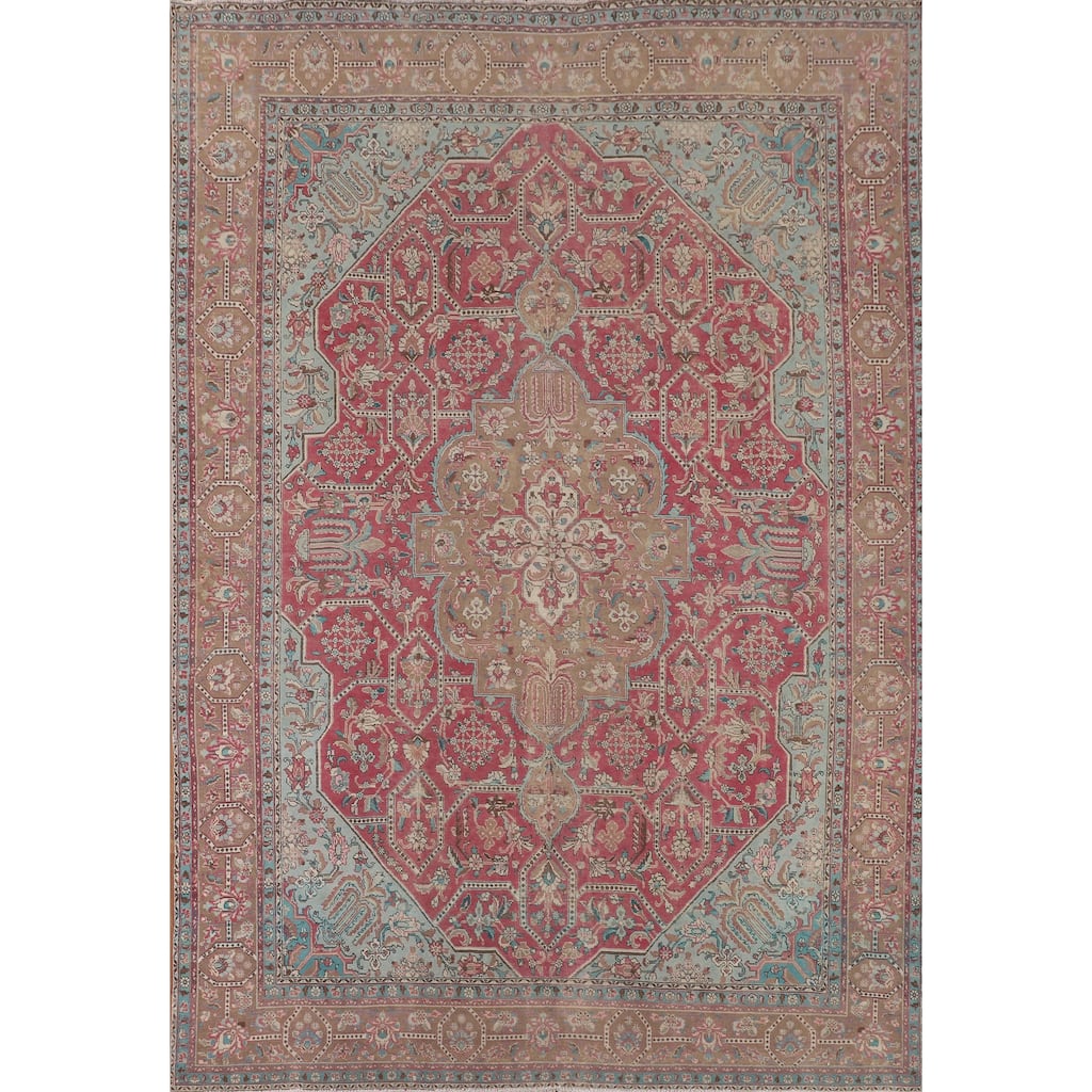 Pink Distressed Tabriz Persian Vintage Area Rug Handmade Wool Carpet - 9'9" x 12'11"