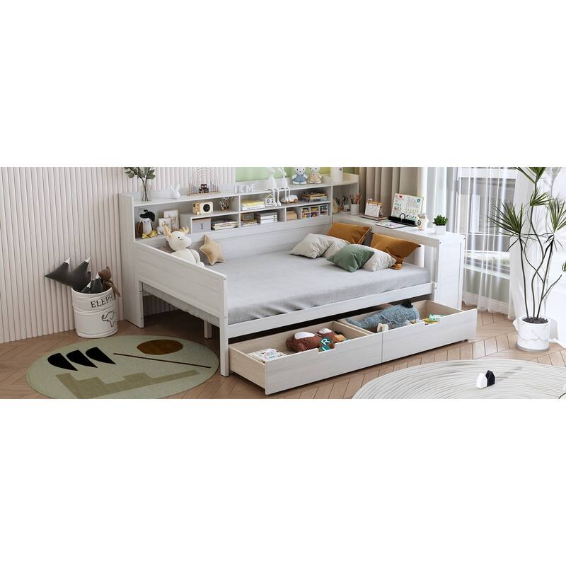 Wooden Daybed with Storage Shelves, Multi-functional Bed with Two Storage Drawers and Study Desk
