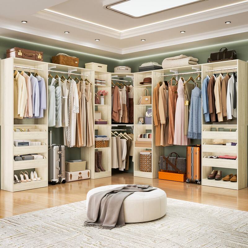 99''-159'' Freestanding Corner Closet System Set, Reversible Closet Organizer for Walk-in/ Reach-in Closet - White Oak
