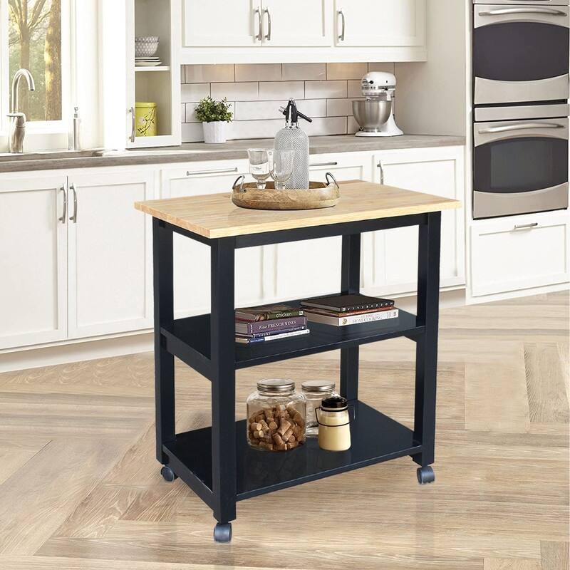 Porch & Den Estelle Solid Wood Microwave Kitchen Cart - Black/Natural