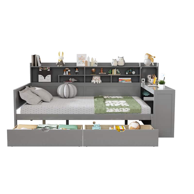 Roomfitters Full Daybed with Storage Shelves, Multi-Functional Bed with Drawers and Study Desk