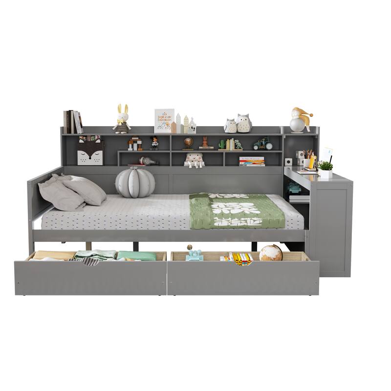 Wooden Full Daybed with Storage Shelves, Multi-functional Bed with Two Storage Drawers and Study Desk