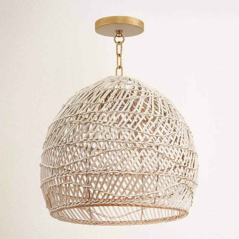 Santana Rattan Pendant Light - Natural Dome 1-Light Handwoven Light Fixture For Modern, Contemporary, Farmhouse Room Decor - 24" - 48" Gold Chain Hardwire