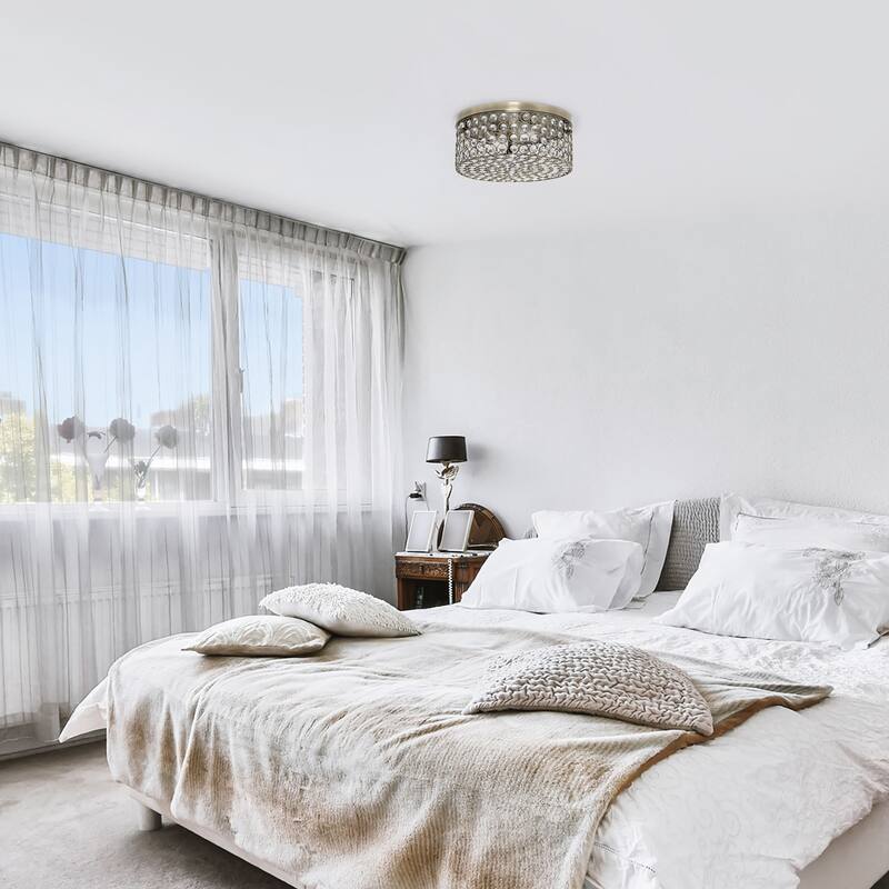 12" Round Flush Mount Ceiling Light - Antique Brass 2-Light Fixture - Bedroom, Living Room, Hallway Decor - 12