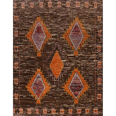 Brown Geometric Moroccan Area Rug Hand-Knotted Modern Wool Carpet - 8'4" x 9'6"