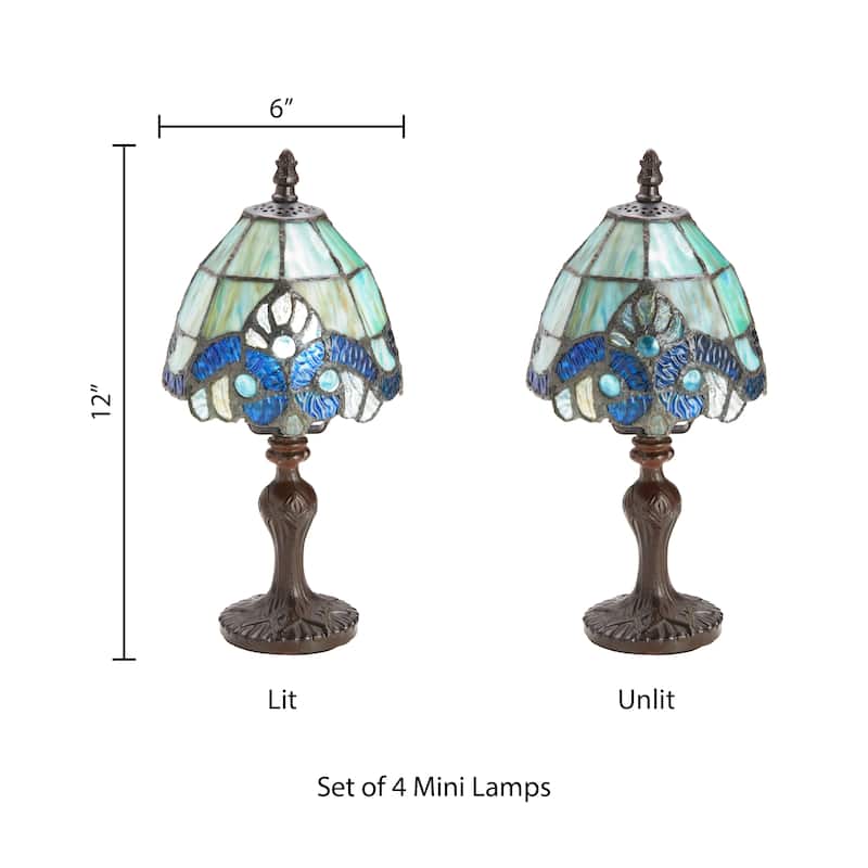 River of Goods Set of 4 Family Favorites Tiffany Style Stained Glass Mini Accent Lamps - 6"L x 6"W x 12"H - Each