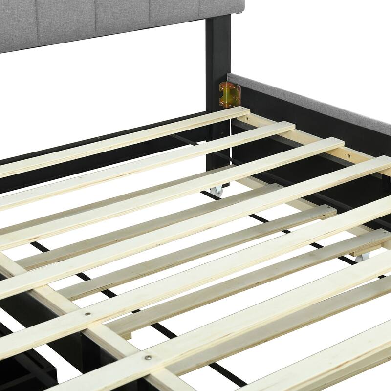 Queen Size Upholstered Platform Bed with Storage, USB Ports, Twin XL Trundle, and Drawers, Gray Linen Fabric