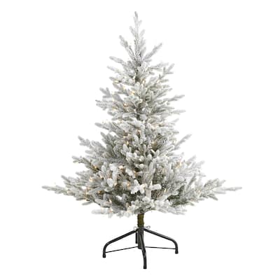 4' Flocked Fraser Fir Artificial Christmas Tree, Warm Clear LED Lights - 4 Foot