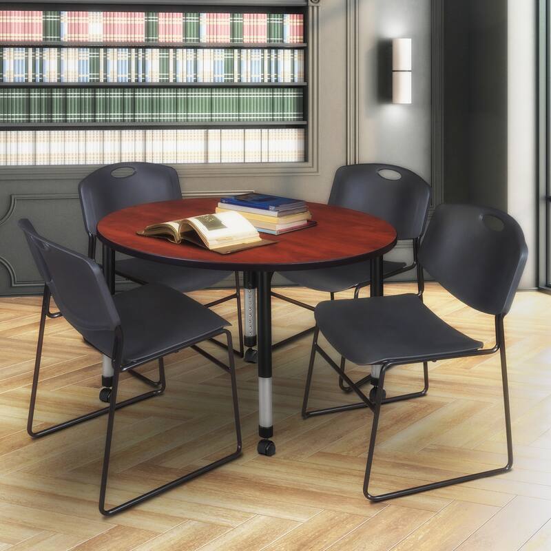 48 in. Round Height Adjustable Mobile Classroom Table - Cherry & 4 Stack Chairs- Black