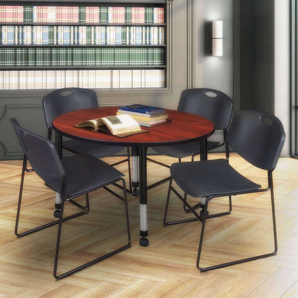 48 in. Round Height Adjustable Mobile Classroom Table - Cherry & 4 Stack Chairs- Black