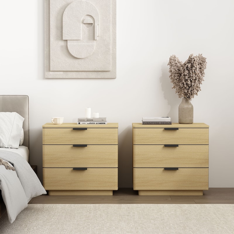 Manhattan Comfort Payton Nightstand with 6 Drawers Set of 2 - Natural Oak and Black