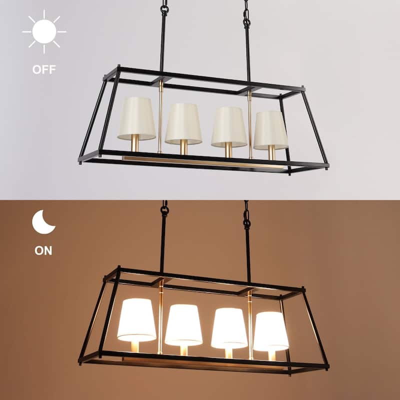 Modern Farmhouse 4-Light Black Gold Chandeliers Rectangle Island Lights with Fabric Shades - 28.5 "