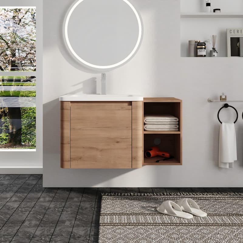 Malwee 24"/36"/48"/60" Floating Bathroom Vanity, Wall Mounted Bathroom Vanity with Ceramic Sink,Soft Close Door and Shelf - 35.8"×18.8"×20.0"