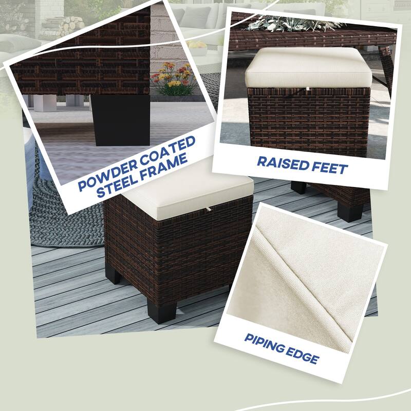 Beige-Brown Steel PE Wicker Outdoor Ottoman Set of 2 with Cushions - 15.7" W x 15.7" D x 18.1" H