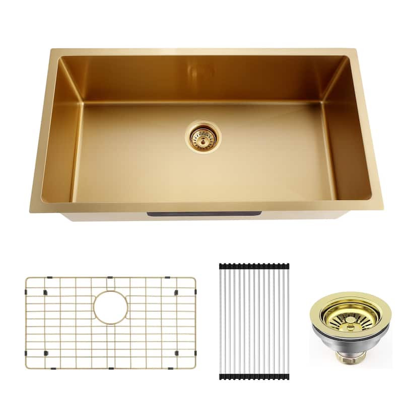CB HOME 32'' Gold/Black/Sliver Drop in Kitchen Sink with Accessories, Undermount Single Bowl Sink with Grid&Roll up Rack&Drainer - 32''x19'' - gold sink+grid+roll up rack