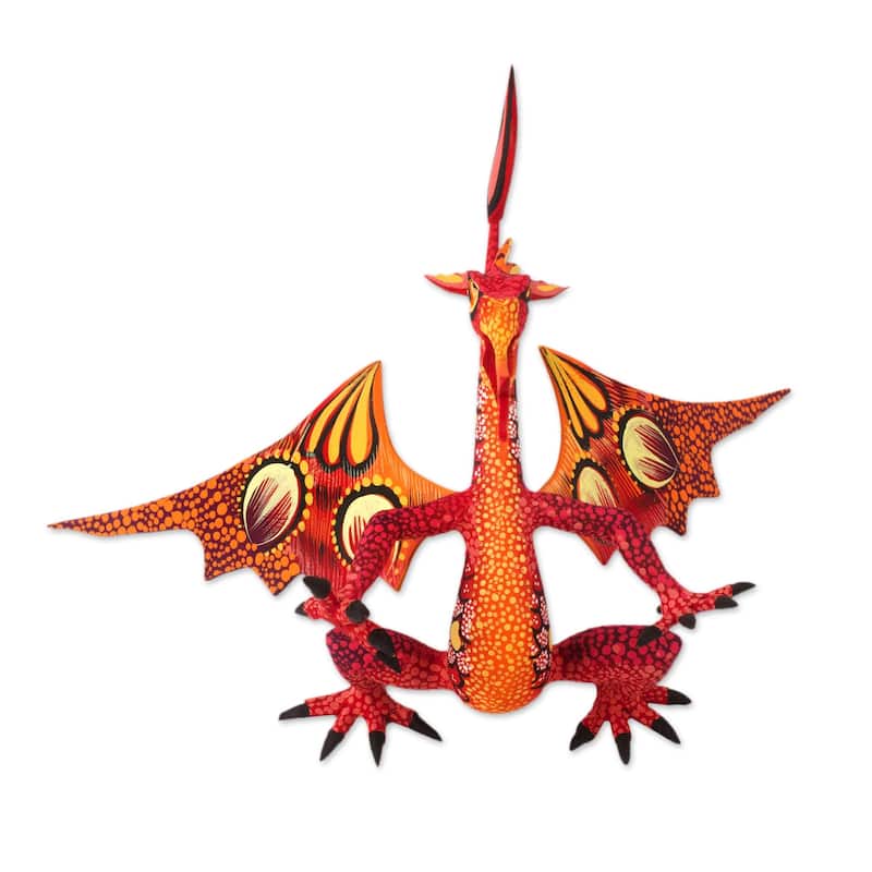 Handmade Copal Wood Dragon Alebrije Sculpture in Red and Orange (Mexico) - 17 cm H x 24 cm W x 15 cm D