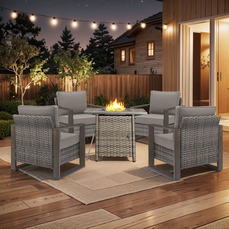 Pocassy Fire Pit Table with Outdoor Sofa Chair Ottoman Set - Grey Wicker Gray Cushion - 5-Piece Patio Chair with Suqare Fire Table