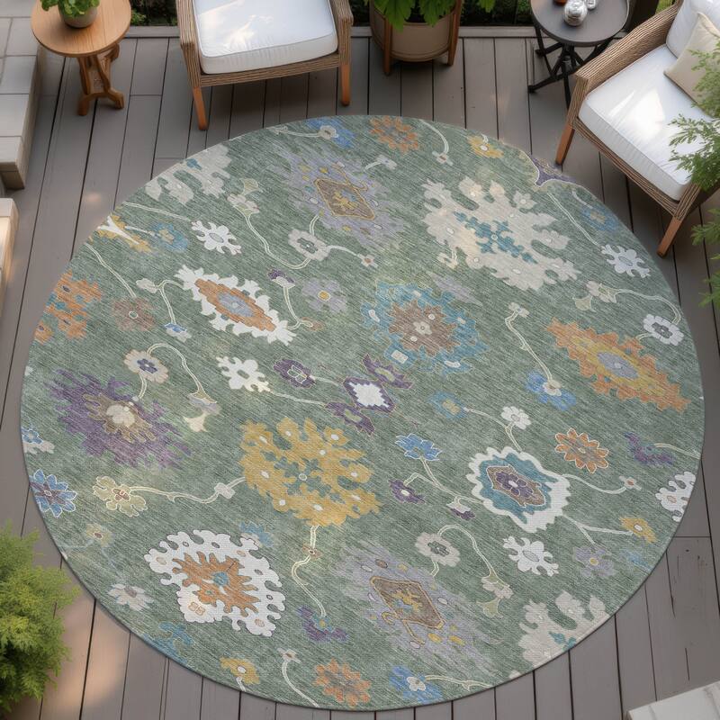 Machine Washable Indoor/ Outdoor Traditonal Delhi Chantille Rug - Sage - 8' x 8'