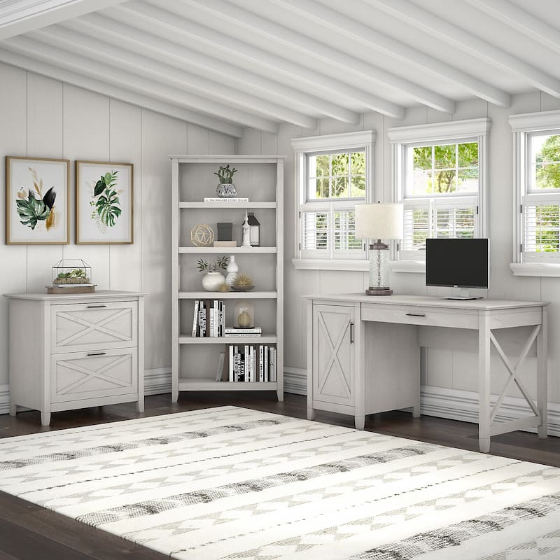 Key West 54W Computer Desk with Cabinet and Bookcase by Bush Furniture - Linen White Oak
