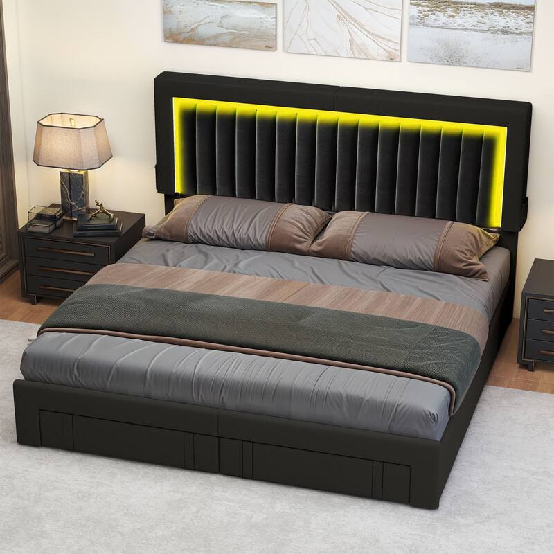 Moasis Velvet Upholstered Platform Bed, Bed Frame with Adjustable Headboard and 4 Storage Drawers