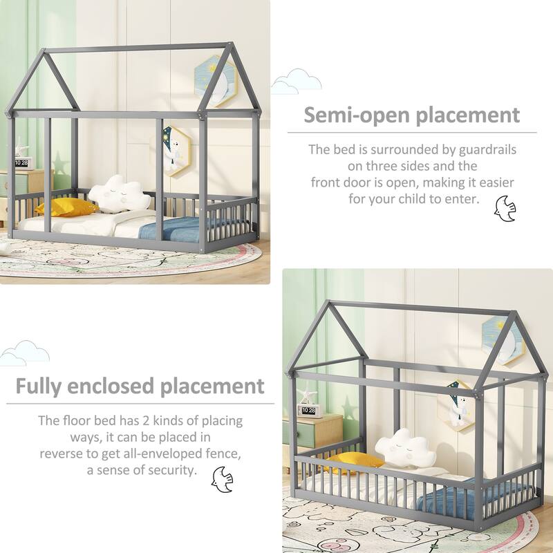 Twin/Full Size Floor Bed with Wooden House Roof Frame and Safety Guardrails for Children's Bedrooms, Small Space
