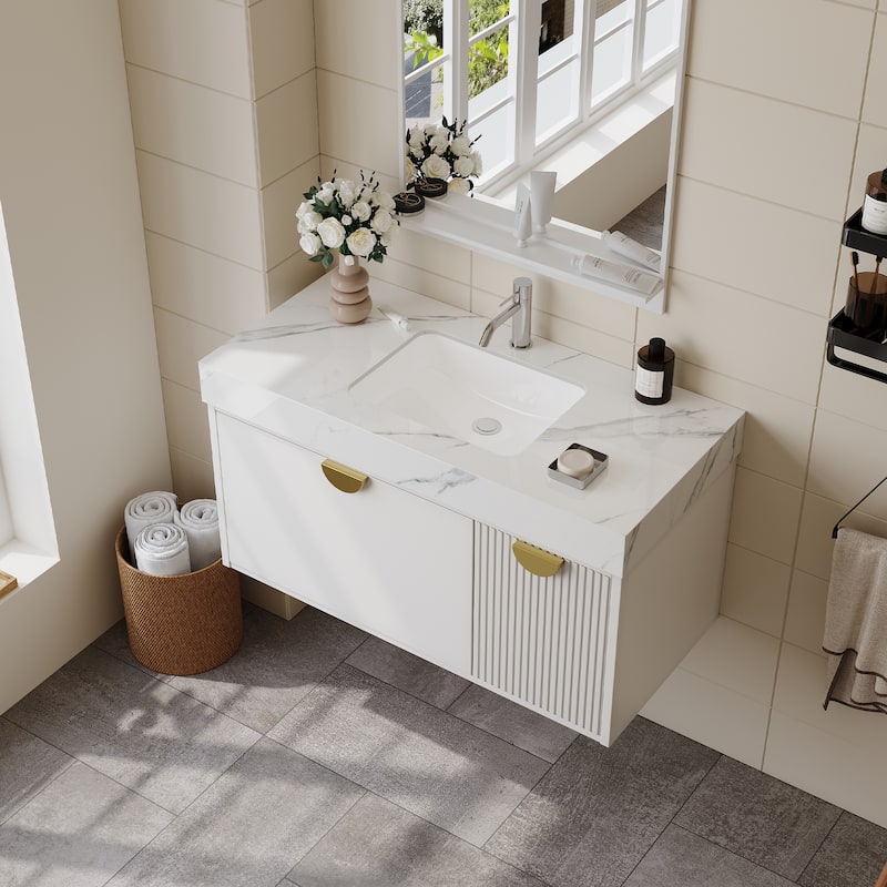 35.4 Single Bathroom Vanities with Sintered StoneTop, Wall Mount Vanities Not Assembled Need