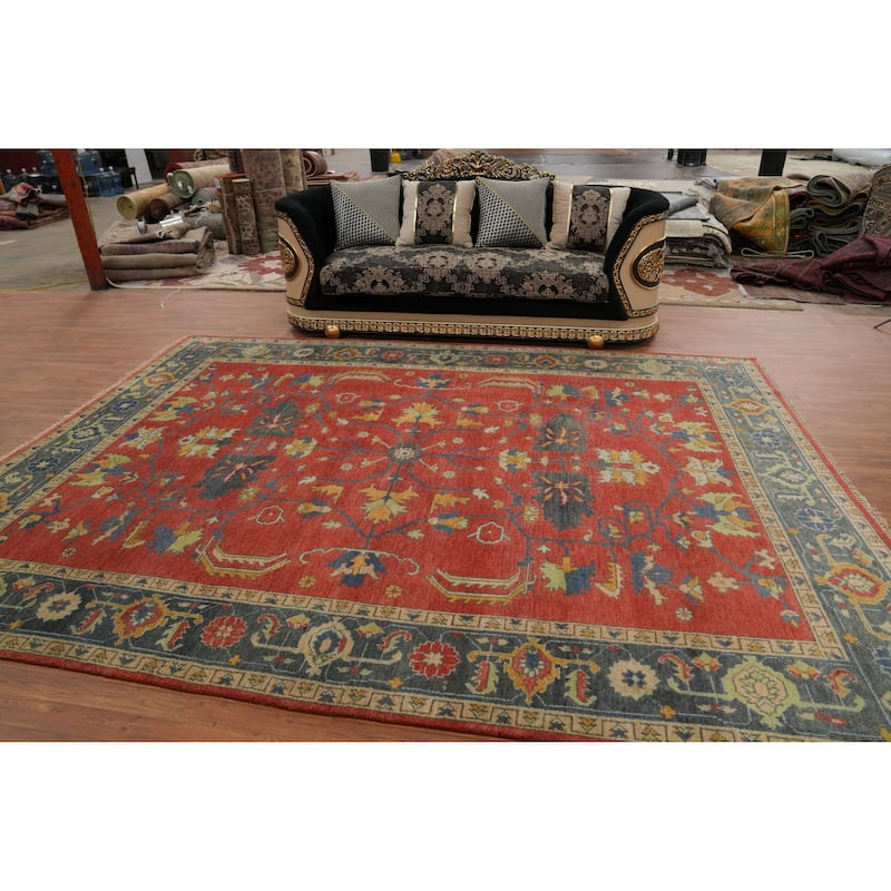 Hand-knotted Transitional Wool Carpet Red Oushak Rug Floral Oriental Area Rug - 12' 0'' X 8' 10''